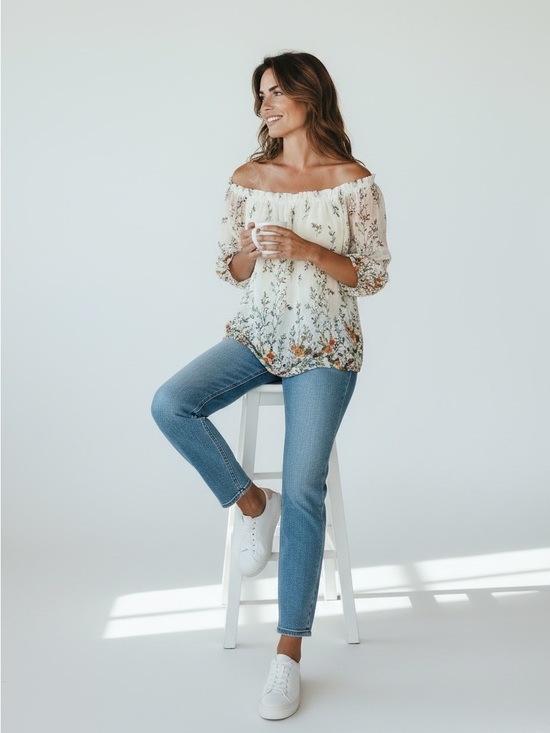Sweet Rain Tops - Sweet Rain Floral Swiss Dot Off the Shoulder Blouse Medium
